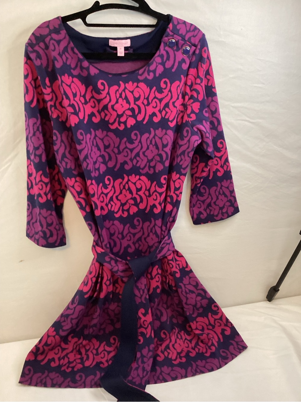 Lilly Pulitzer Purple/Navy/Pink Damask Belted Dress. Size XL